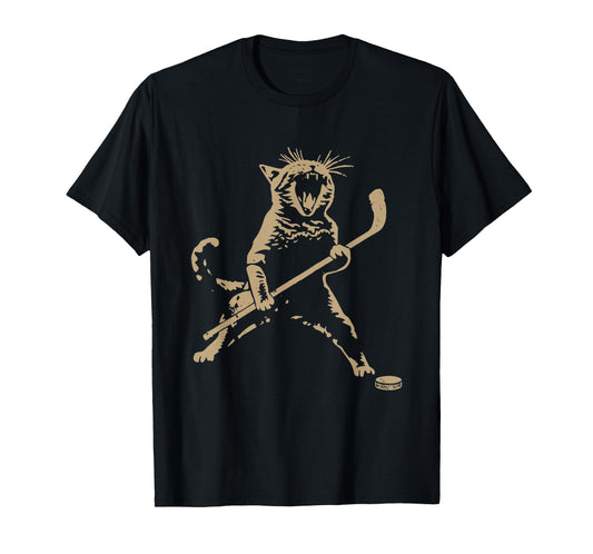 Cute Cat Playing Ice Hockey Lover Player Funny T-Shirt