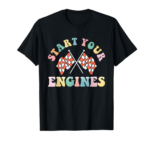 Start Your Engines Retro Groovy Checkered Flag Race Car Girl T-Shirt