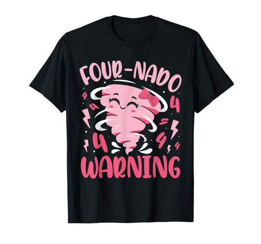 Kids Four-nado Warning 4th Birthday Pink Tornado Birthday T-Shirt