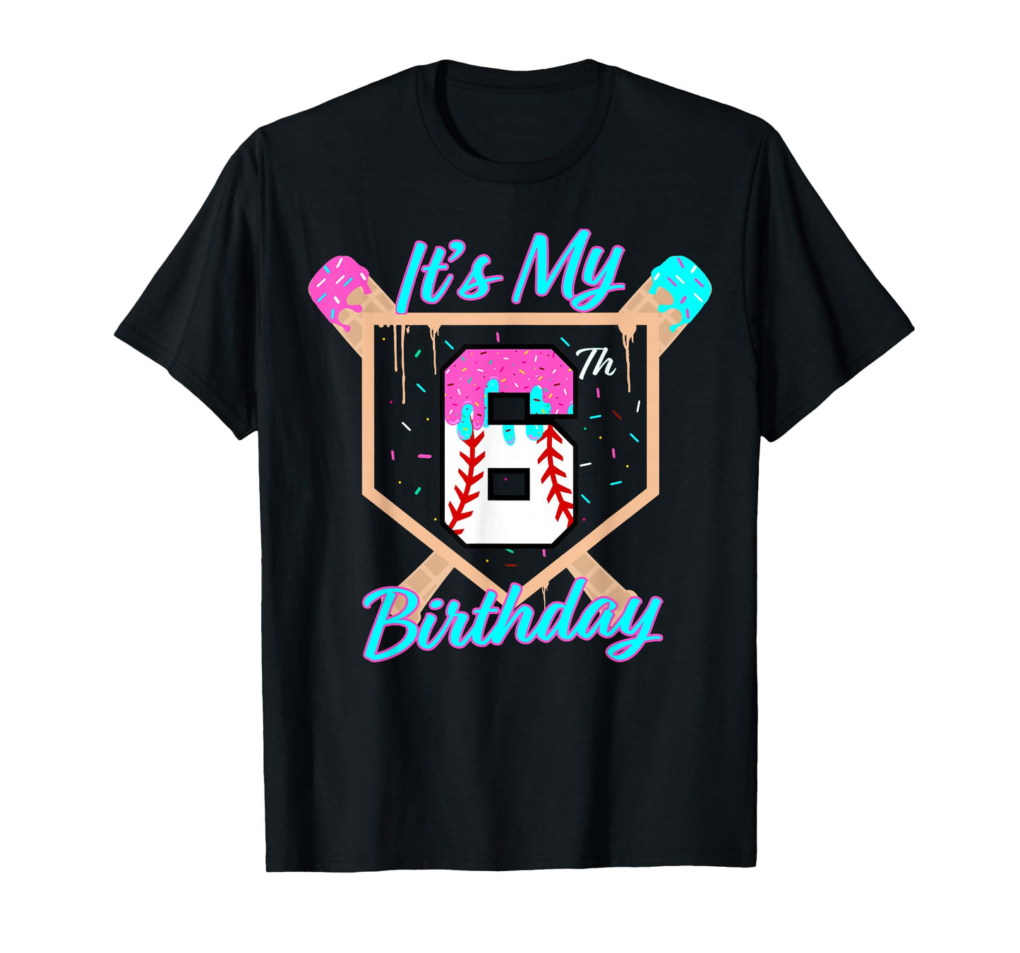 Baseball 6 Year Old Ice Cream Drip 6th Birthday Boy Number 6 T-Shirt