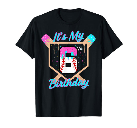 Baseball 6 Year Old Ice Cream Drip 6th Birthday Boy Number 6 T-Shirt