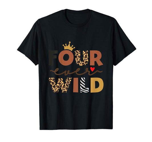 Kids Four Ever Wild Pink 4th Birthday Girl Crown Leopard T-Shirt