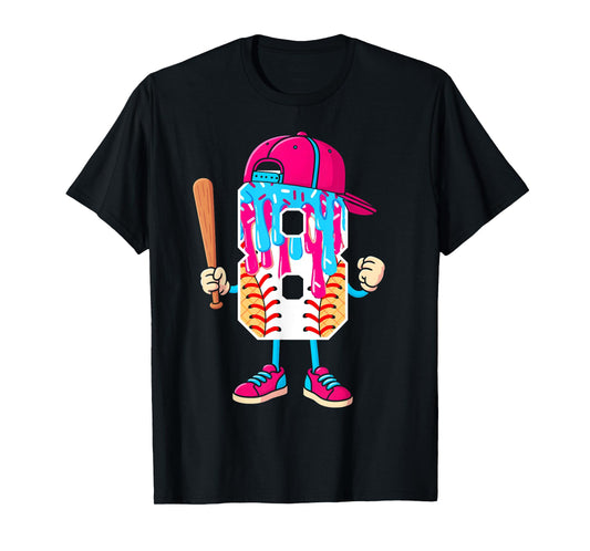Baseball 8 Year Old Ice Cream Drip 8th Birthday Boy Number 8 T-Shirt