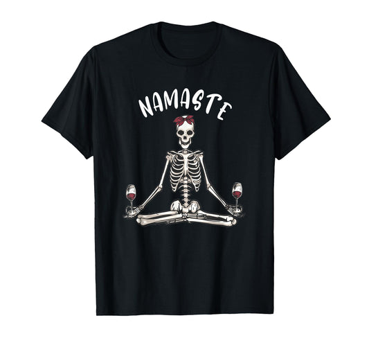 Namaste Yoga Skeleton with Wine funny women's yoga T-Shirt