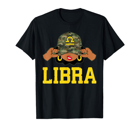Libra Queen Sassy Black Woman Camouflage Cap Zodiac T-Shirt