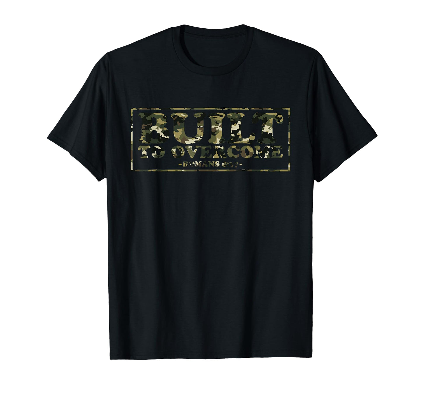Built to Overcome Camo Faith Christian Gym Workout Scripture T-Shirt