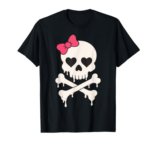 Cute Skull Pink Bow Dripping Crossbone Halloween Women Girls T-Shirt