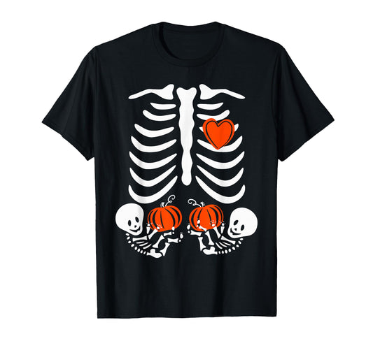 Womens Halloween Pregnancy Twins Costumes Pregnant Skeleton T-Shirt