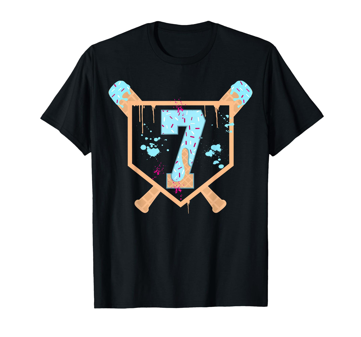 Baseball 7 Year Old Ice Cream Drip 7th Birthday Boy Number 7 T-Shirt