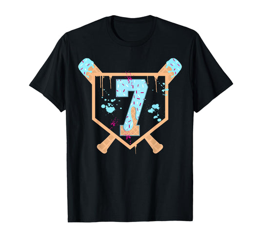 Baseball 7 Year Old Ice Cream Drip 7th Birthday Boy Number 7 T-Shirt