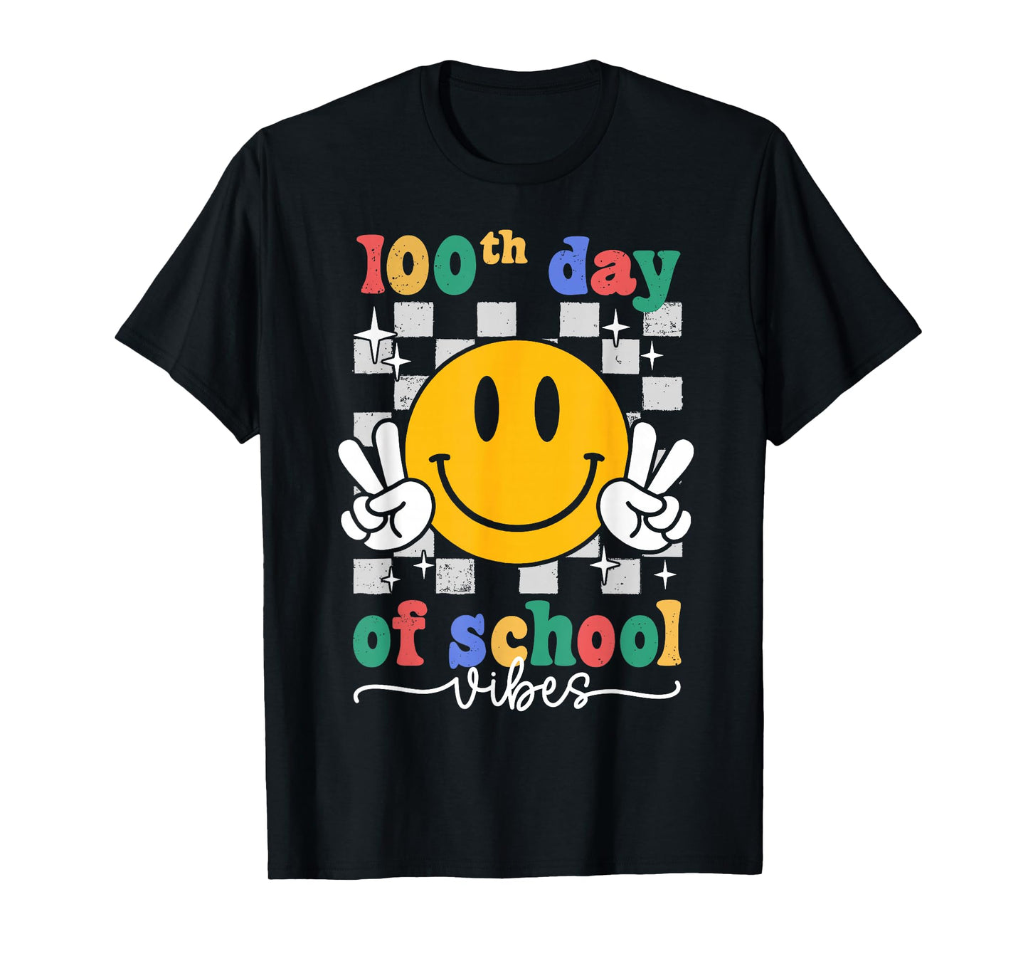 100th Day of School Vibes Checkered Smile Face 100 Days Kids T-Shirt