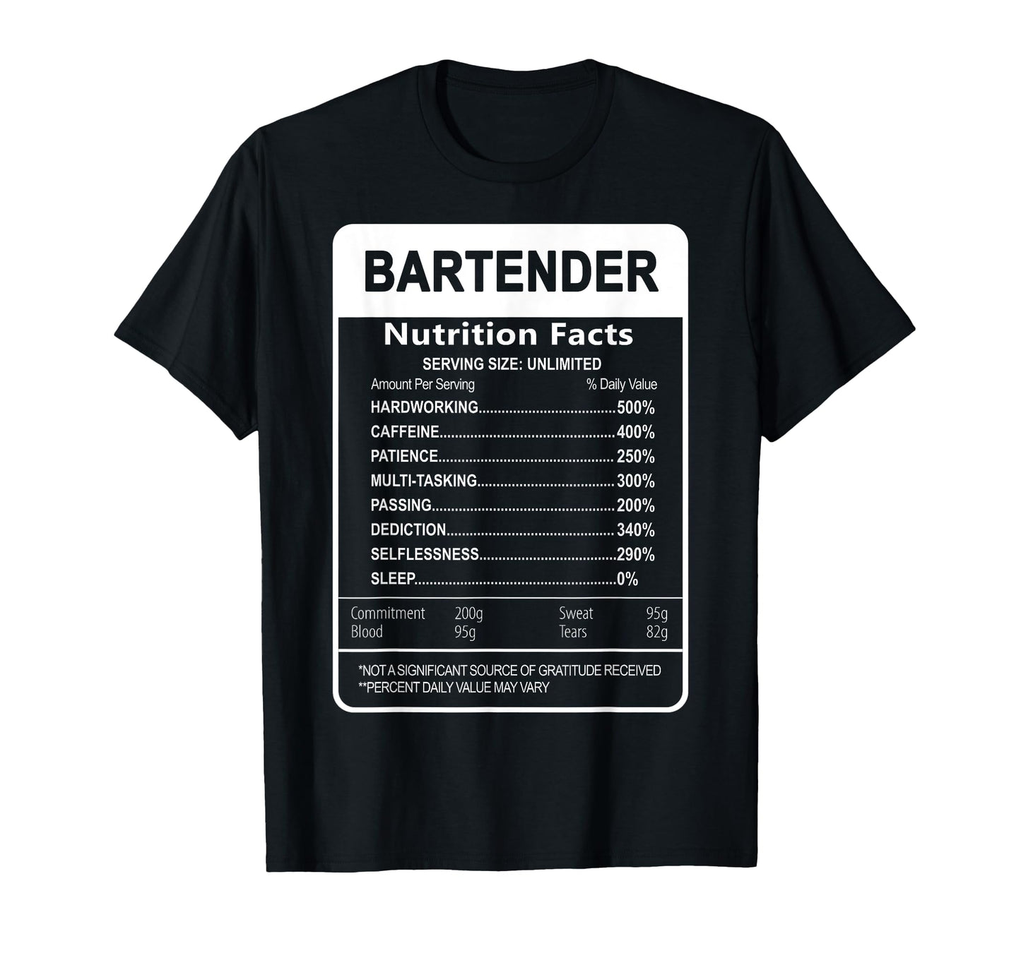 Bartender Nutrition Facts Sarcastic Graphic T-Shirt