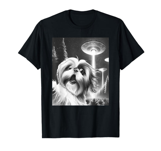 Funny Shih Tzu Alien UFO Taking a Selfie Dog Mom Dad Men Women Girls Kids T-Shirt