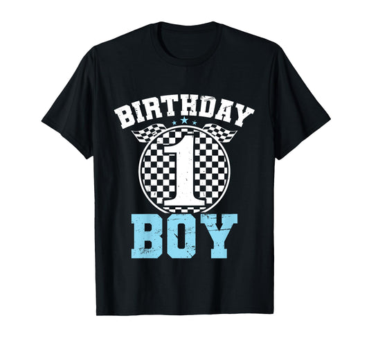 Kids 1st Birthday Boy 1 One Race Car 1st Birthday Racing Car Flag T-Shirt