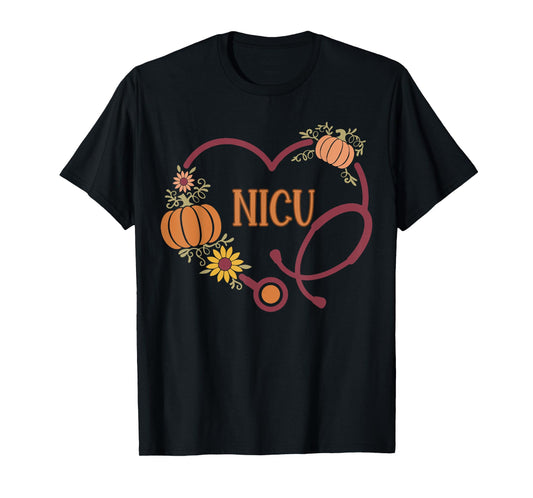 Retro NICU Nurse Stethoscope Heart Pumpkin Fall Thanksgiving T-Shirt