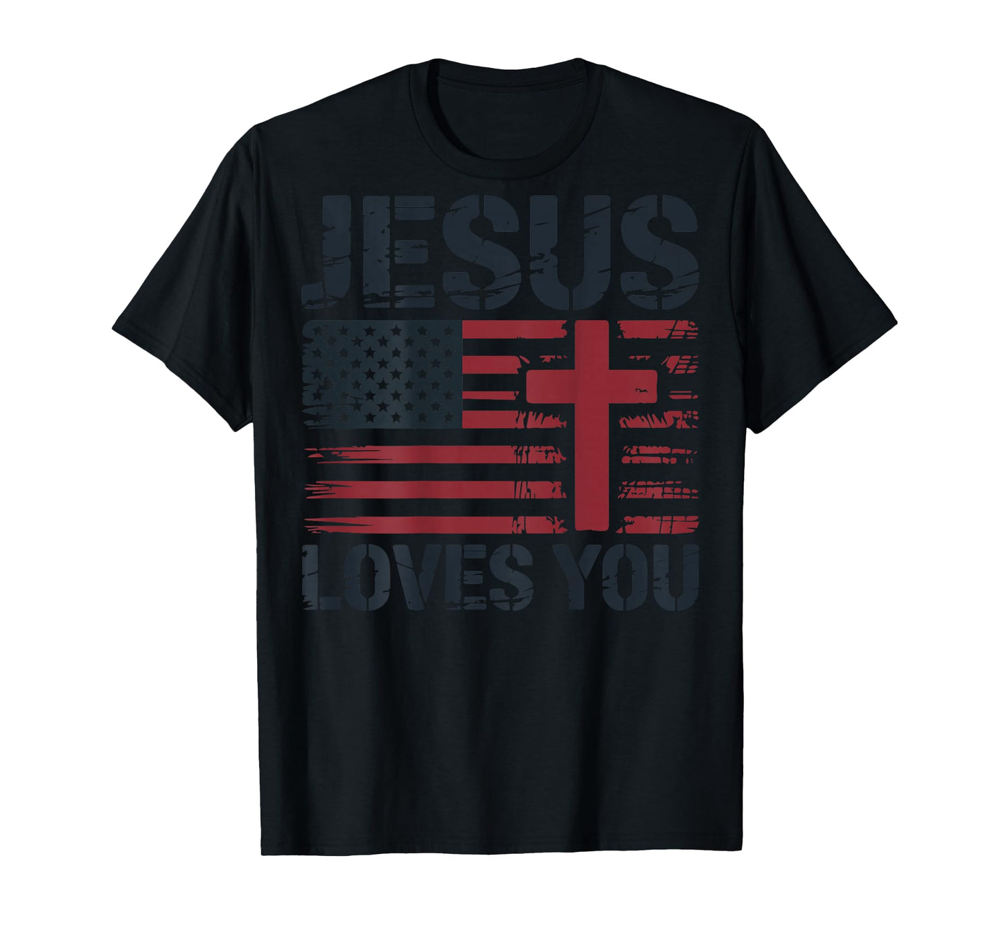 Mens Jesus Loves You American Flag Christian Patriotic Cross T-Shirt
