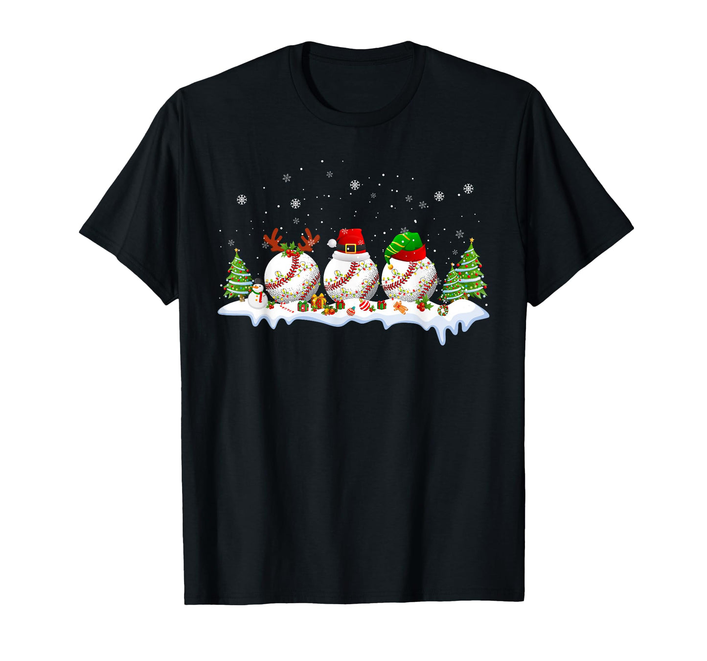 Santa Elf Reindeer Baseball Balls Xmas Tree Lights Christmas T-Shirt