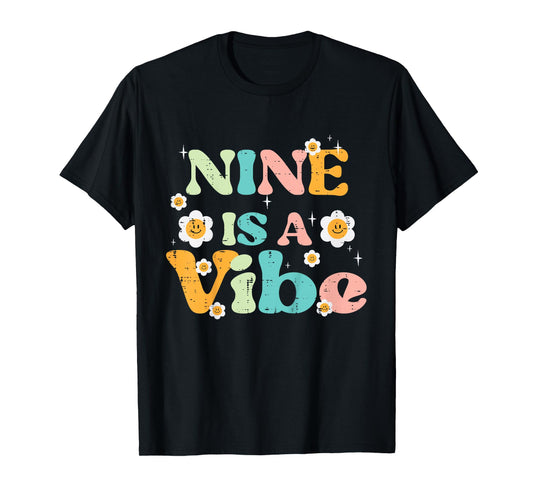 9th Birthday Nine Is A Vibe Retro 9 Bday Groovy Girls Kids T-Shirt
