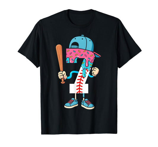 Baseball 7 Year Old Ice Cream Drip 7th Birthday Boy Number 7 T-Shirt
