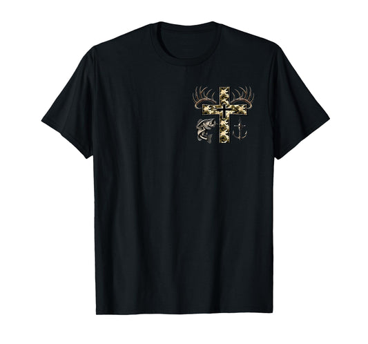 (2sided) Fishing Cross Camo Faith Christian Fisherman Hunter T-Shirt