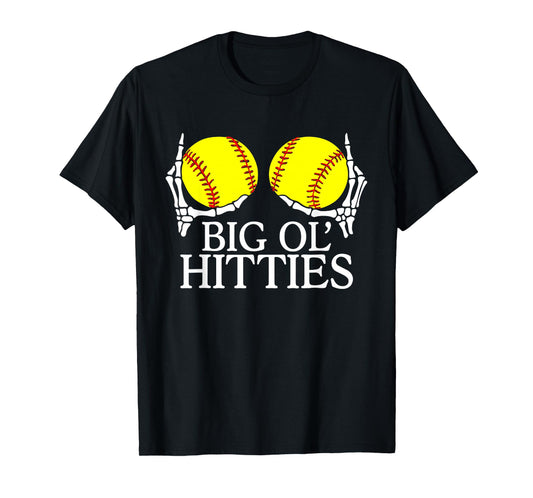 Big Ol’ Hitties, Funny Skeleton Hands Holding Softball Meme T-Shirt