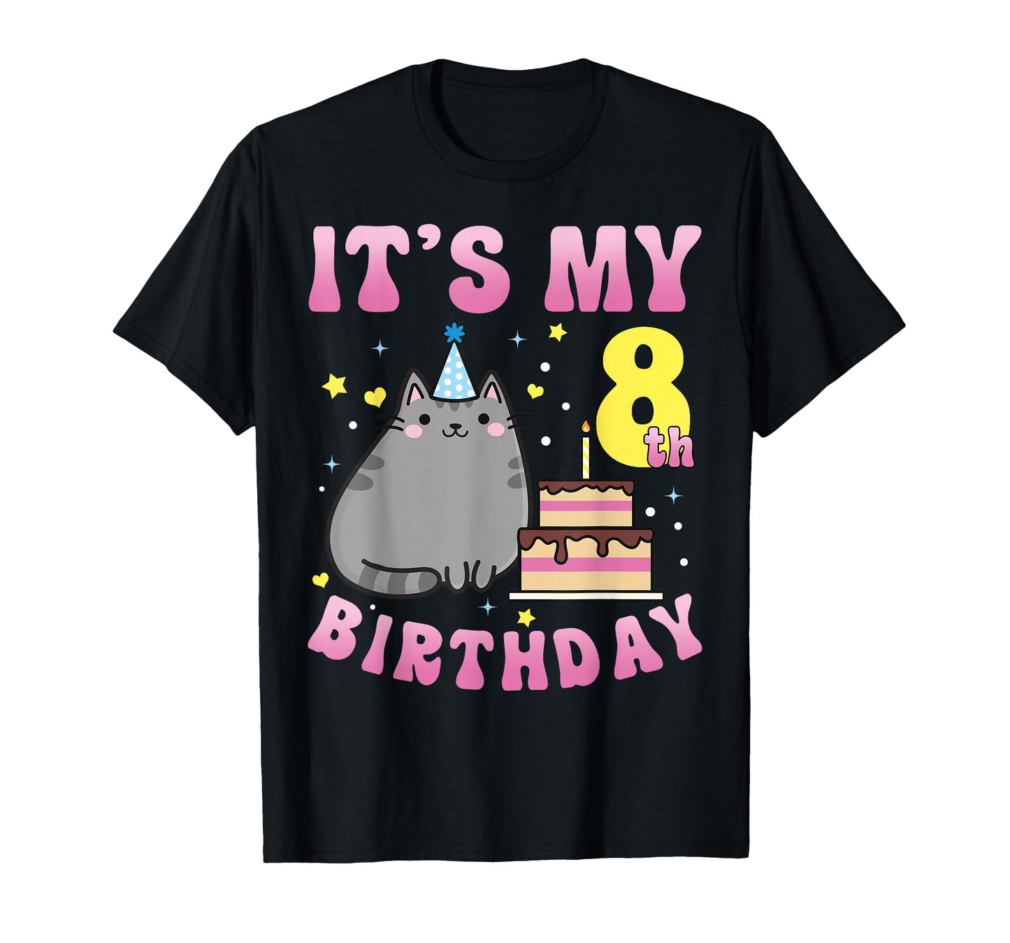 8 Years Old Girl Boy It's My 8th Birthday Cute Kawaii Cat T-Shirt