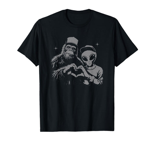 bigfoot and alien Sasquatch love hand sign T-Shirt