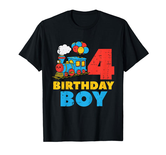 Kids 4th Bday Train Birthday Boy 4 Four Year Old Party Boys Kids T-Shirt