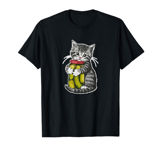 Cute kitten Cat hugging a jar of dill pickles Cat Lovers T-Shirt