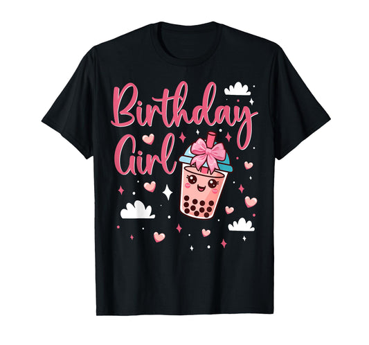 Happy Birthday Girl Cute Pink Bow Bubble Boba Tea Anime T-Shirt