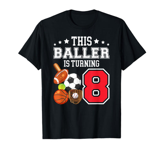 8th Birthday Sports Birthday Theme 8 Year Old Boy T-Shirt