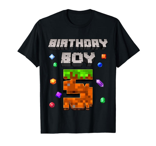 Kids 5th Birthday Boy 5 Video Gamer Pixel Number Five Bday Party T-Shirt