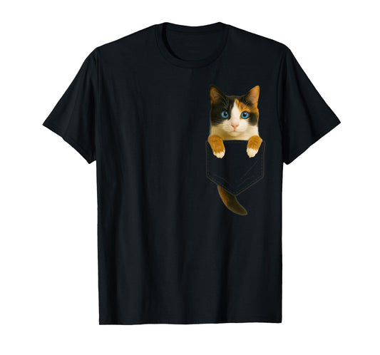 Cute Calico Cat Pocket Funny Gifts Cat Mom Cat Dad Cat Lover T-Shirt