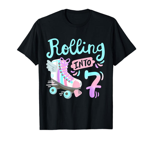 Rolling Into 7 Roller Skates Skater Girl 7th Birthday Party T-Shirt