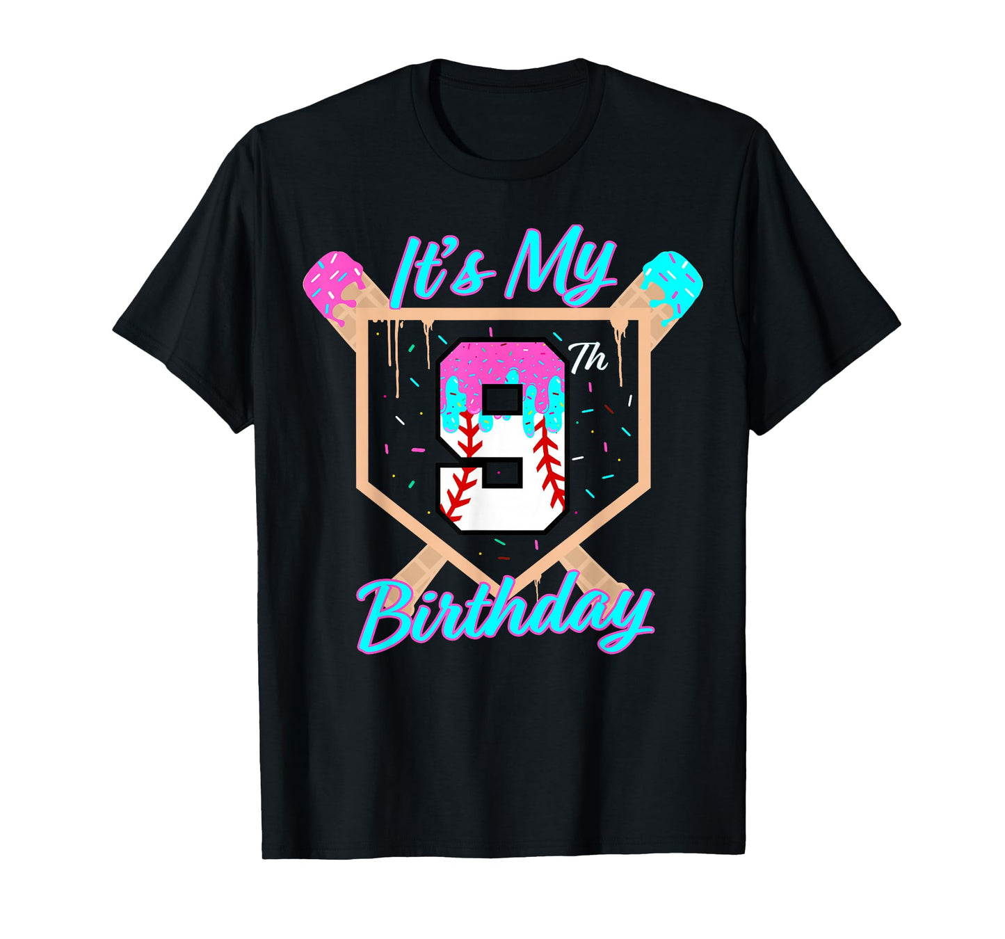 Baseball 9 Year Old Ice Cream Drip 9th Birthday Boy Number 9 T-Shirt
