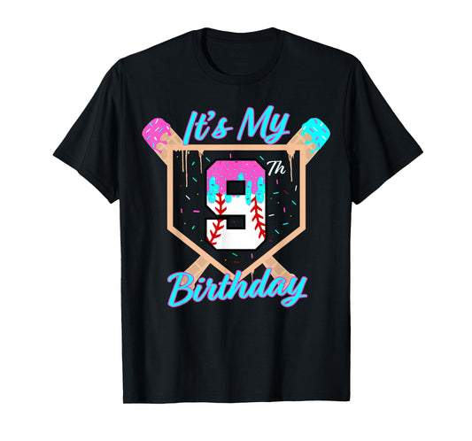 Baseball 9 Year Old Ice Cream Drip 9th Birthday Boy Number 9 T-Shirt