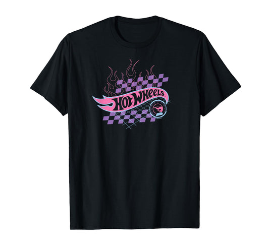 Hot Wheels - Flaming Logo With Checkered Background T-Shirt