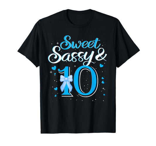 Blue Sweet Sassy And 10th Ten Bow Birthday 10 Year Old Kids T-Shirt