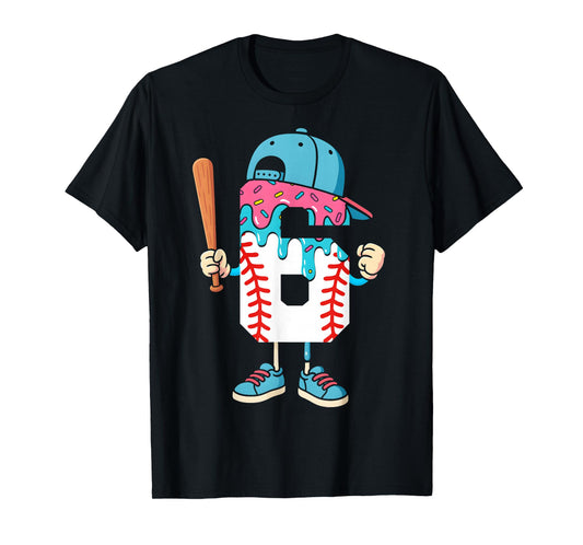 Baseball 6 Year Old Ice Cream Drip 6th Birthday Boy Number 6 T-Shirt