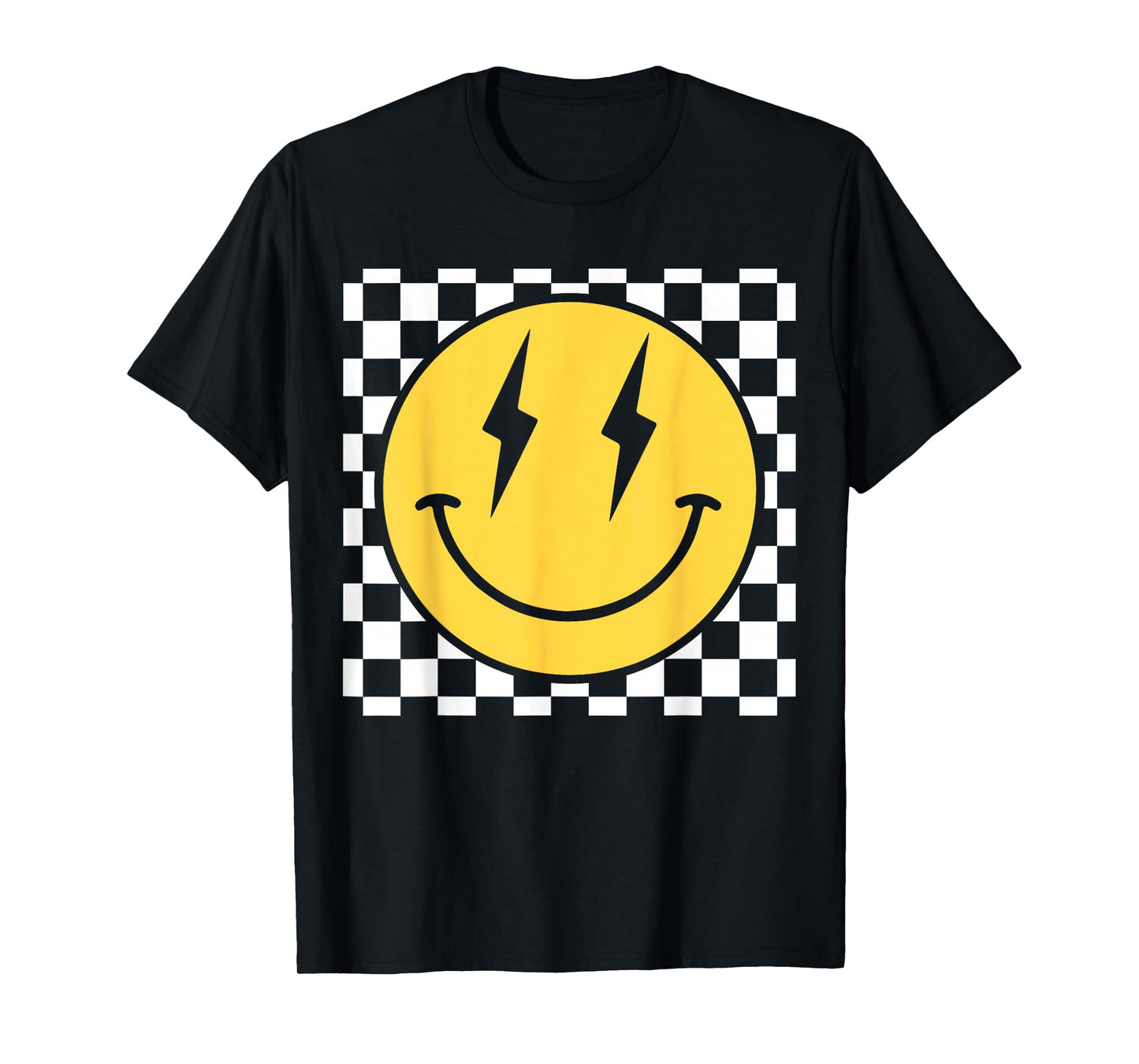Retro Happy Face Distressed Checkered Pattern Smile Face T-Shirt