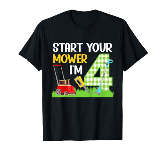 Kids 4th Lawn Mower Birthday Party Four Year Old Boy Lawn Mowing T-Shirt