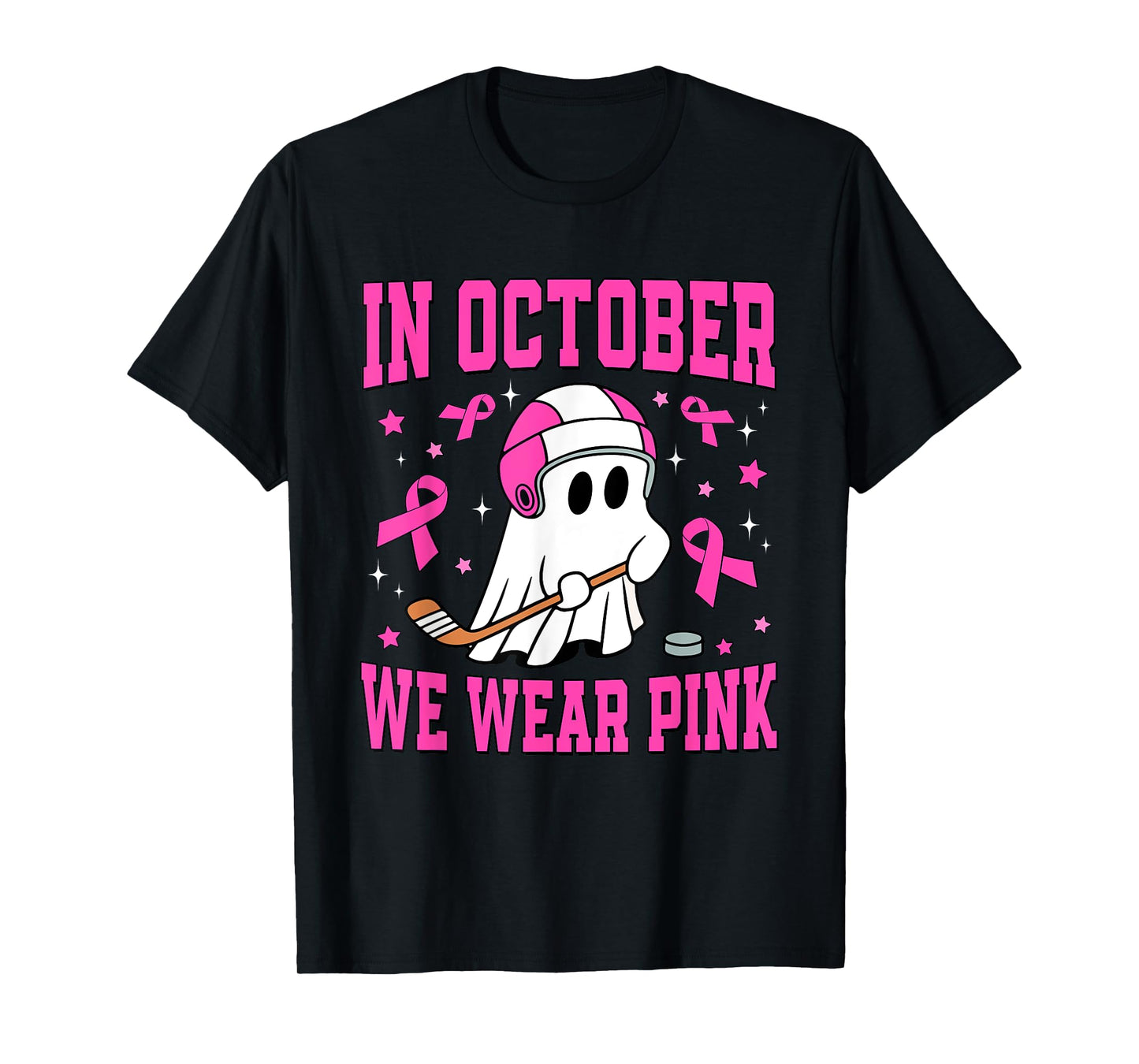 In October We Wear Pink Ghost Hockey Breast Cancer T-Shirt