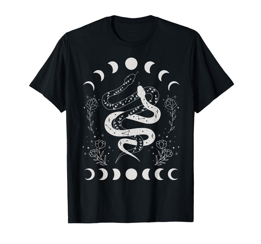 Snake And Moon Phases Celestial Floral Witchy Halloween T-Shirt