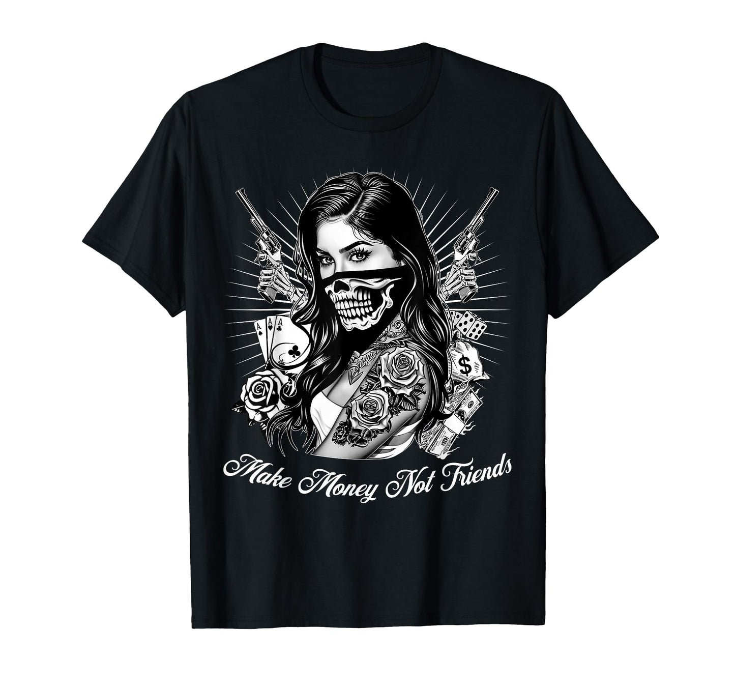 Make Money Not Friends Chicano Gangsta Girl Skull Bandana T-Shirt