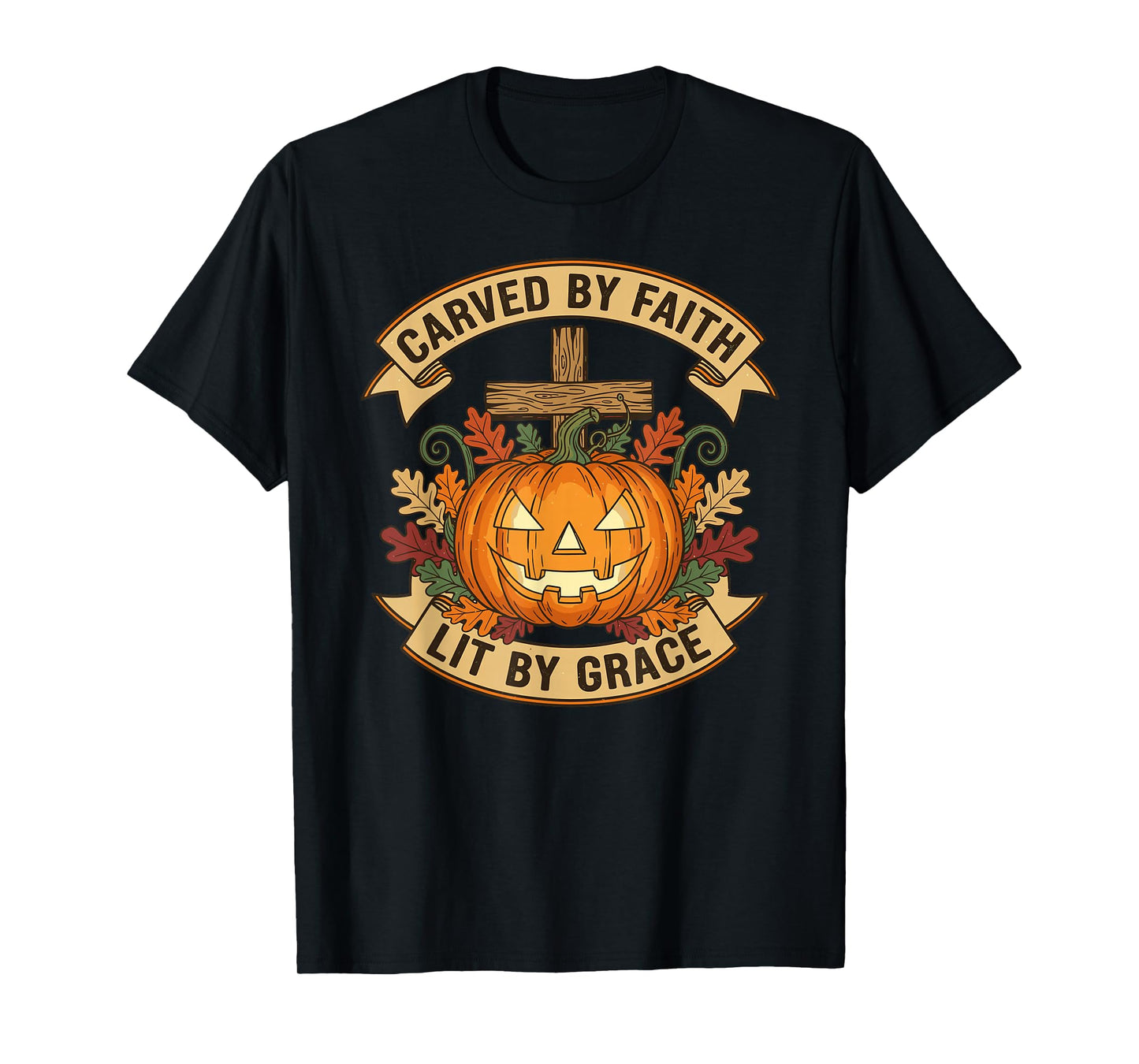 Carved by Faith Lit by Grace Pumpkin Oak Leaves Christian T-Shirt