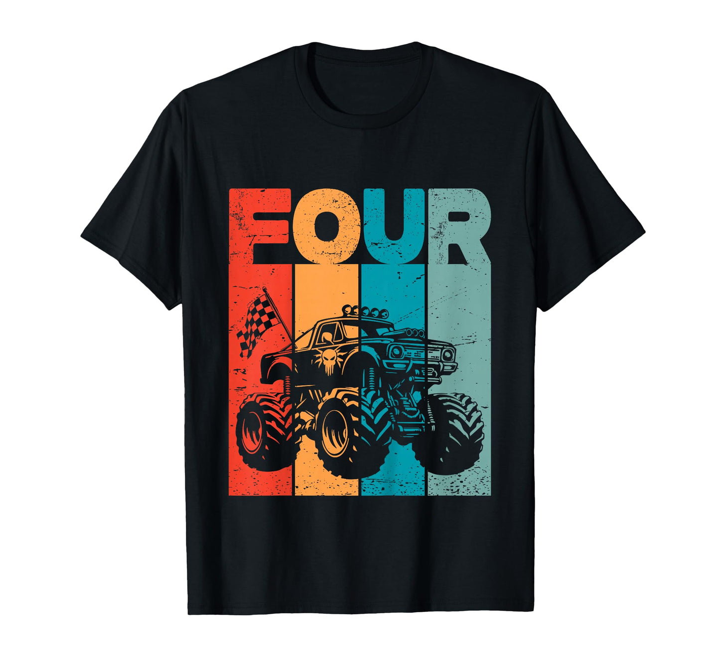 Kids 4th Birthday Monster Truck Four Retro 4 Years Old Bday Boys T-Shirt