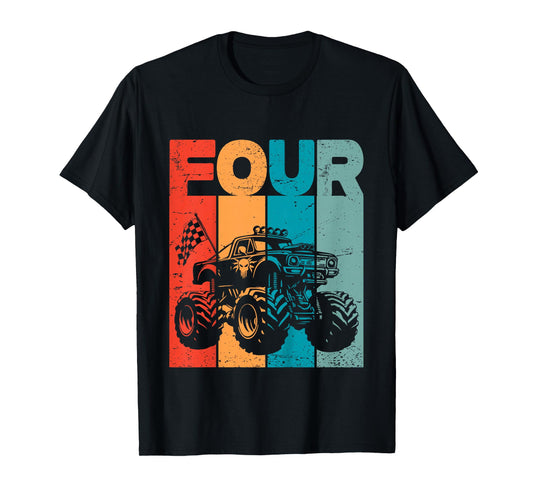 Kids 4th Birthday Monster Truck Four Retro 4 Years Old Bday Boys T-Shirt