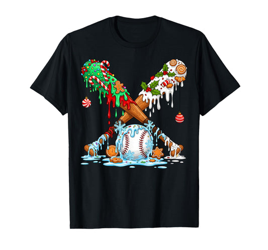 Christmas Baseball Ice Cream Drip Candy Game Day Boys Kids T-Shirt