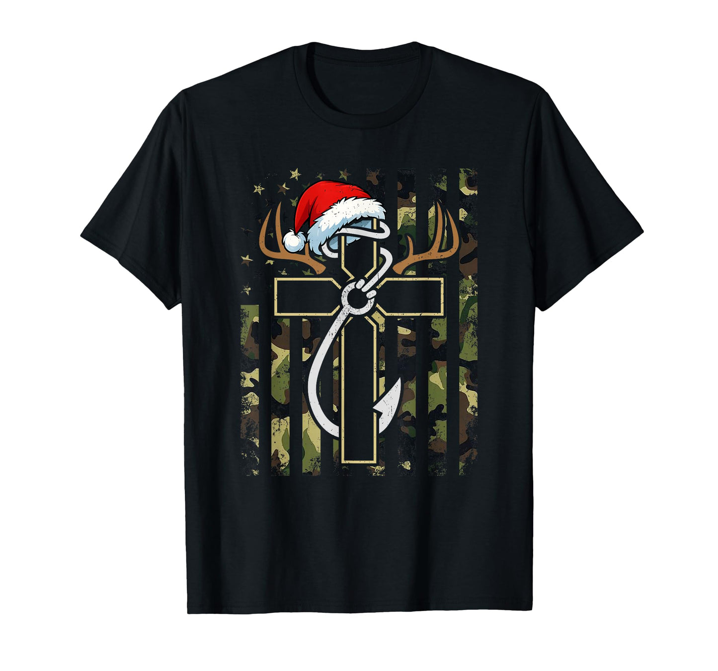 Hunting Fishing Faith Cross Santa Hat Deer Antlers Hook Flag T-Shirt