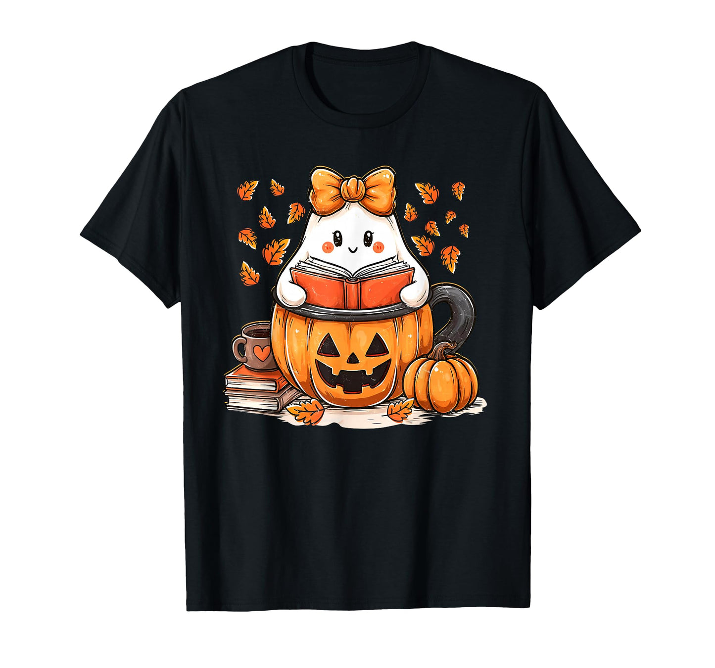 Ghost Reading Book Teacher Thanksgiving Autumn Fall Leaves T-Shirt